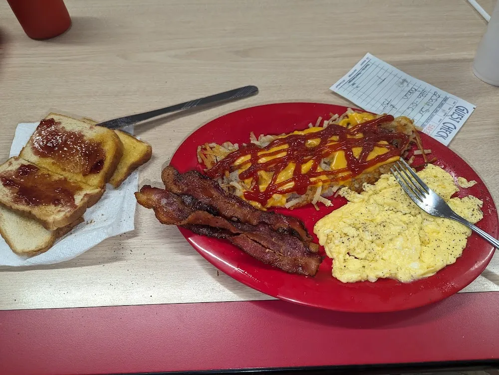 Bacon Scrambled Egg Sauce Hash Browns with Onion and Cheese Buttered Toast