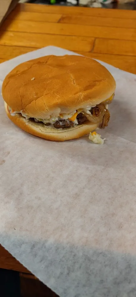 Cheeseburger with Grilled Onions and Slaw